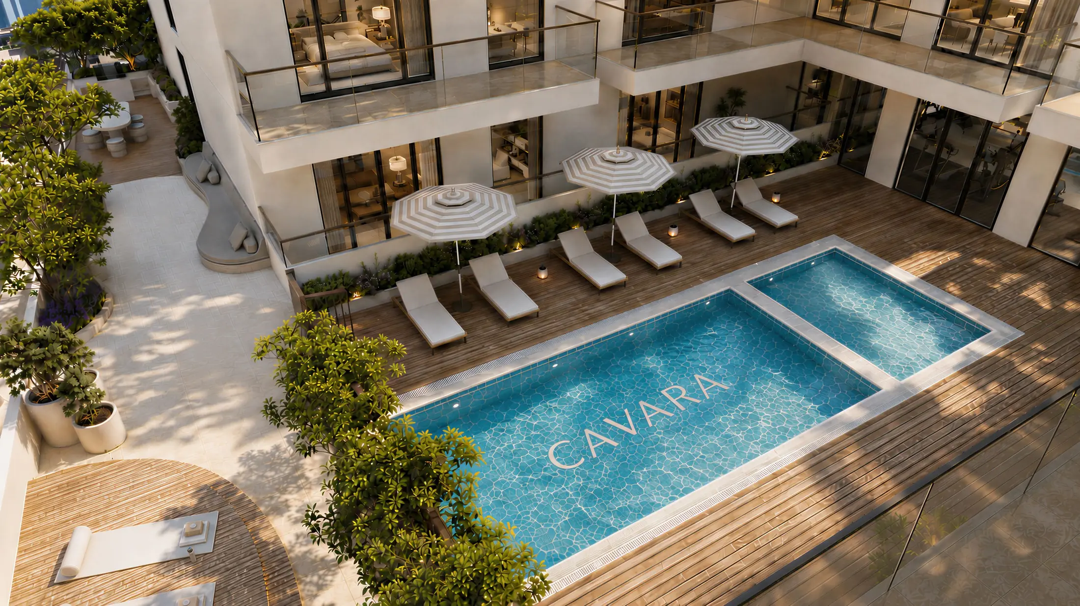 The pool deck on the amenity level