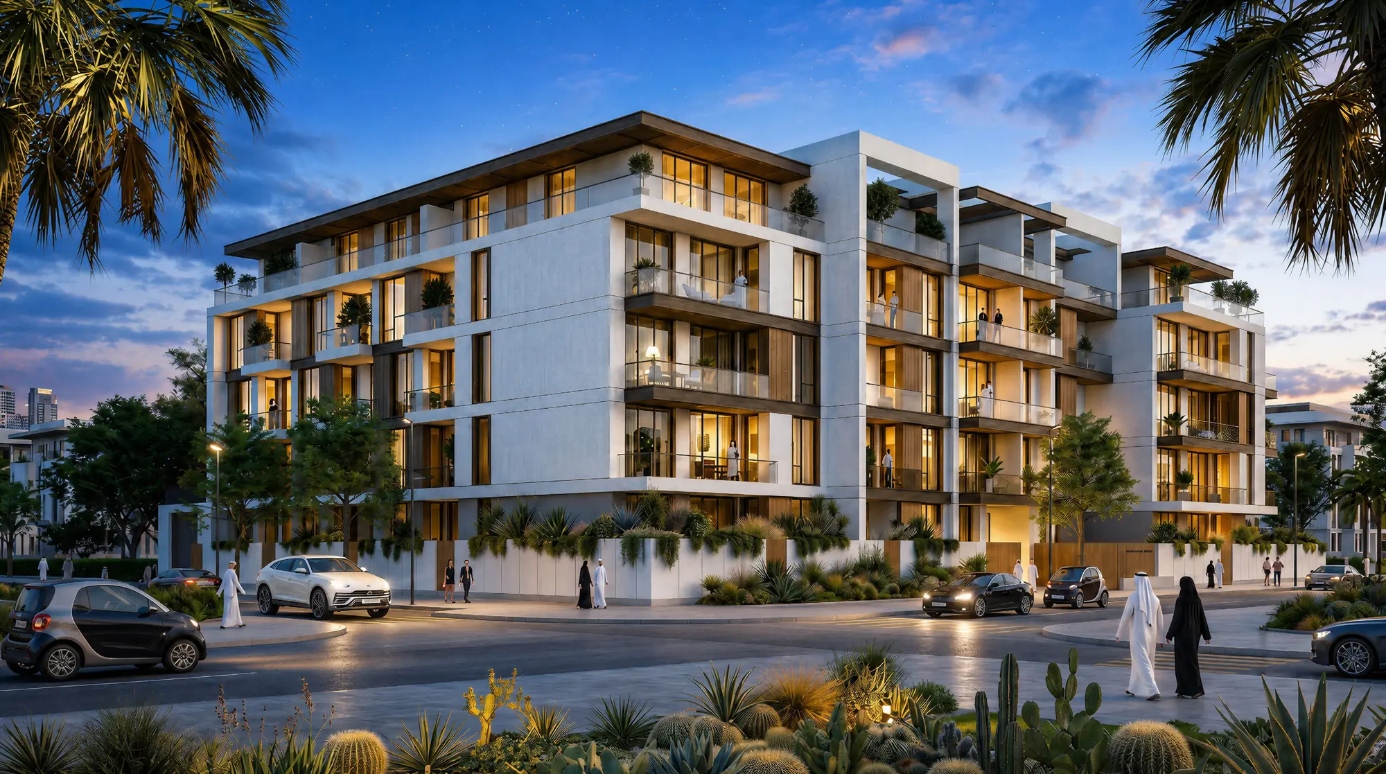 Cavara Circle facade at dusk