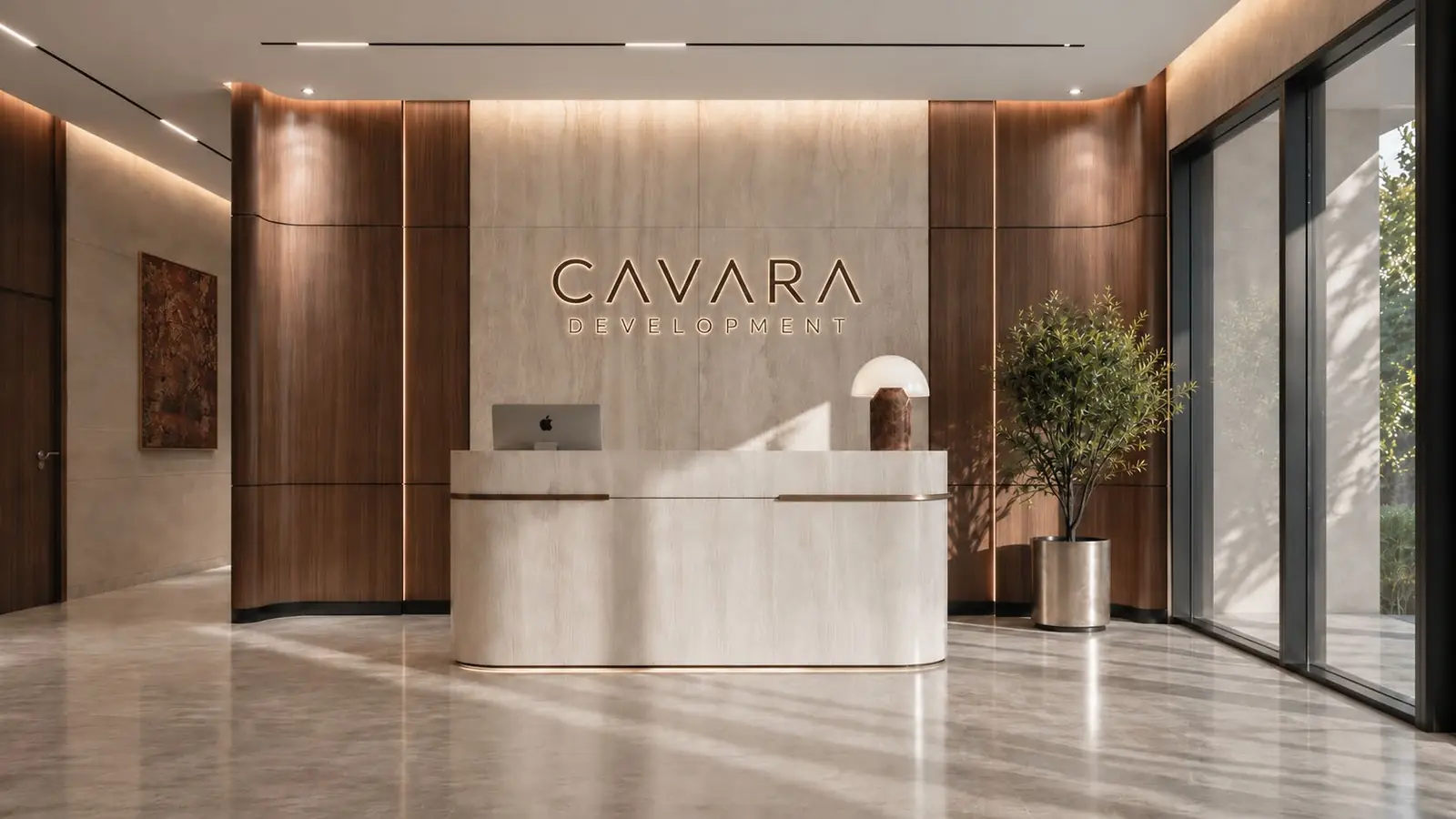Lobby reception with the Cavara wordmark
