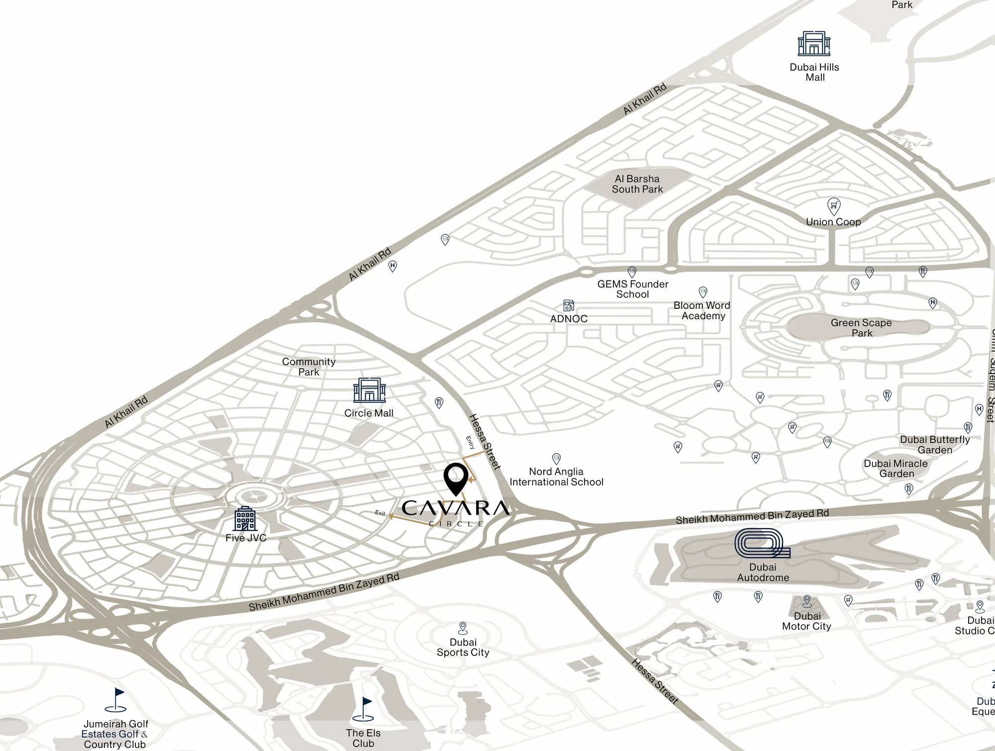 Map showing Cavara Circle in Jumeirah Village Circle beside Hessa Street