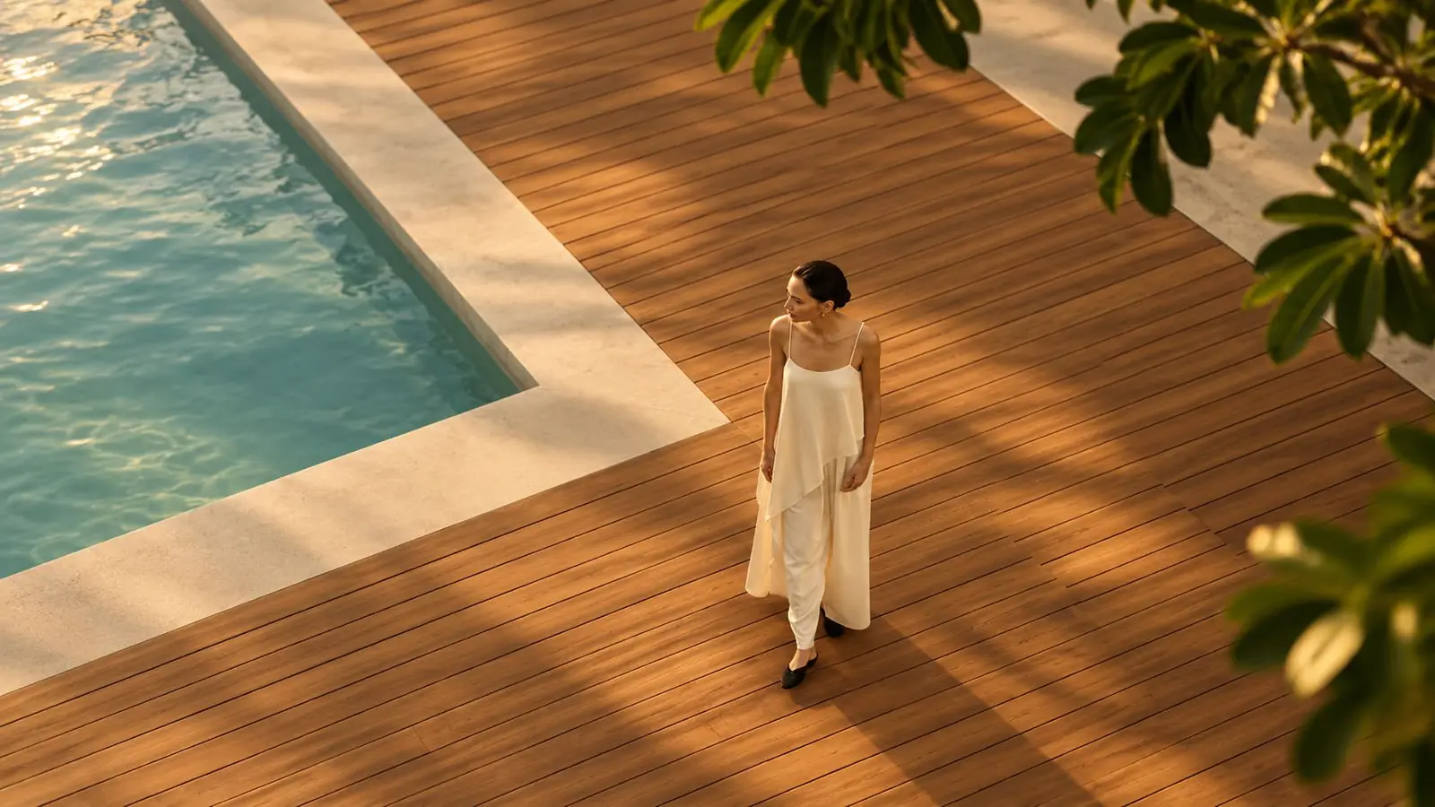 A resident on the pool deck